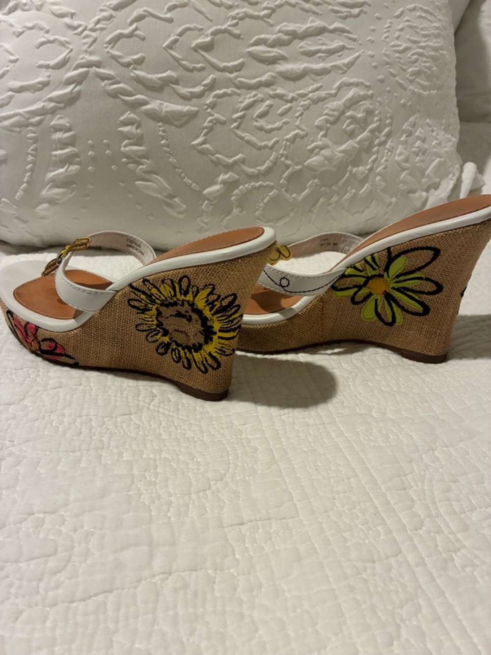Coach White Leather Bee-Embellished Thong Wedge Sandals - Picture 2 of 3